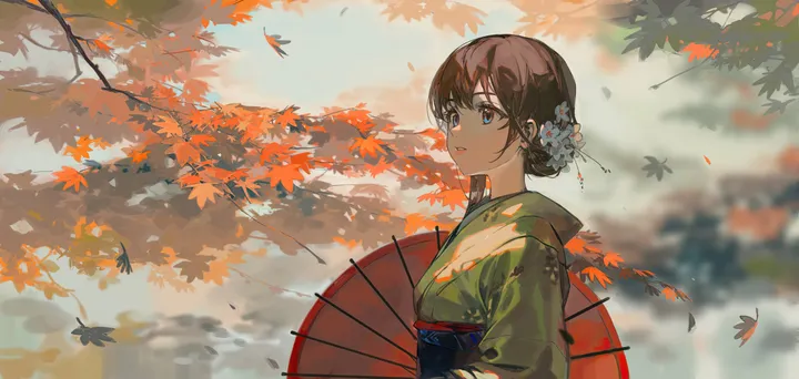 1girl,upper_body,from_side,bangs,solo,single_hair_bun,leaf,kimono,obi,hair_bun,hair_flower,hair_ornament,outdoors,holding,holding_umbrella,japanese_clothes,sash,maple_leaf,tree,brown_hair,blurry,blurry_background,horizontal,oil-paper_umbrella,autumn,autumn_leaves,green_kimono,falling_leaves,blue_eyes,umbrella,flower