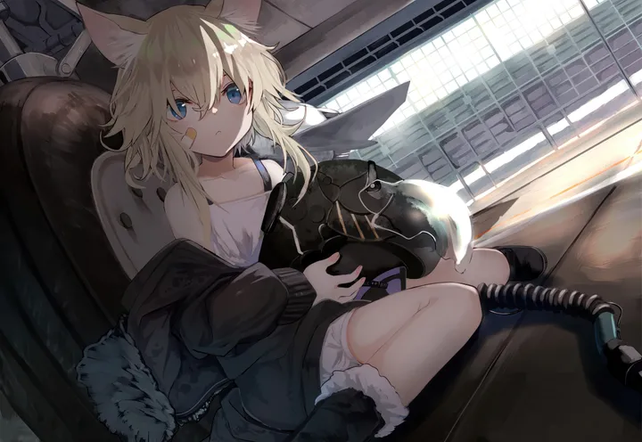 1girl,animal_ears,bangs,bandaid,solo,closed_mouth,sitting,helmet,jacket,camisole,indoors,tail,hair_between_eyes,holding,horizontal,fur_trim,fur-trimmed_jacket,looking_at_viewer,animal_ear_fluff,bandaid_on_face,blue_eyes,open_jacket,open_clothes,blonde_hair,long_hair,long_sleeves,boots,sunlight,off_shoulder,wariza,black_jacket,black_footwear