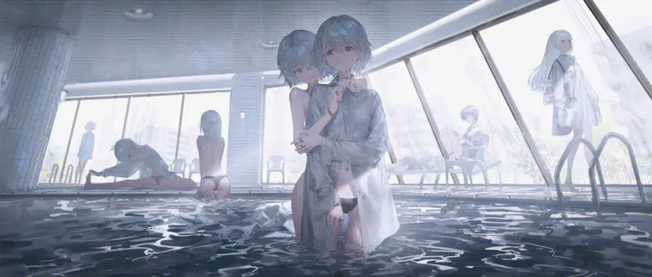 6-girls,bikini_bottom_only,bangs,see-through,multiple_girls,ass,building,holding,gun,horizontal,bikini,water,pool,swimsuit,wading,grey_hair,grey_eyes,white_hair,white_shirt,looking_at_viewer,short_hair,standing,shirt,wet,dress,long_hair,long_sleeves,black_bikini