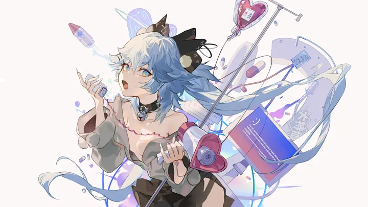 1girl,breasts,cleavage,bangs,solo,twintails,intravenous_drip,hair_between_eyes,open_mouth,very_long_hair,heart,holding,horizontal,syringe,grey_shirt,white_background,looking_at_viewer,skirt,symbol-shaped_pupils,pill,blue_hair,blue_eyes,blood_bag,shirt,small_breasts,bell,neck_bell,collarbone,long_hair,long_sleeves,bare_shoulders,off_shoulder,choker,collar,black_skirt