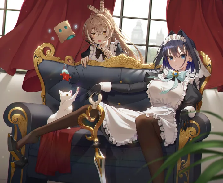 2girls,virtual_youtuber,breasts,bangs,sword,hairclip,ahoge,closed_mouth,apron,on_couch,sitting,multiple_girls,multicolored_hair,hair_ornament,maid,maid_apron,maid_headdress,enmaided,indoors,open_mouth,very_long_hair,gloves,armchair,holding,streaked_hair,juliet_sleeves,brown_hair,brown_eyes,horizontal,weapon,couch,cat,jewelry,white_apron,looking_at_viewer,short_hair,alternate_costume,window,curtains,smile,feathers,feather_hair_ornament,earrings,frills,frilled_apron,blue_hair,blue_eyes,blue_bow,blue_bowtie,puffy_sleeves,bow,bow_earrings,large_breasts,hair_intakes,dress,pantyhose,long_hair,long_sleeves,shoes,bowtie,ponytail,high_heels,black_hair,black_gloves,black_dress,black_footwear