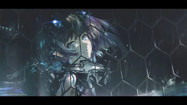 1girl,upper_body,bangs,solo,glowing,crying,fence,horizontal,teeth,letterboxed,looking_at_viewer,tears,crying_with_eyes_open,blue_eyes,chain-link_fence,rain,black_hair