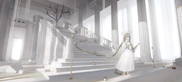 1girl,breasts,solo,stairs,halo,indoors,very_long_hair,holding,pillar,tree,horizontal,white_dress,looking_at_viewer,standing,barefoot,dress,long_hair,long_sleeves