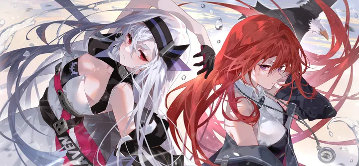 2girls,medium_breasts,arm_up,breasts,cleavage,upper_body,bangs,closed_mouth,multiple_girls,jacket,hair_between_eyes,very_long_hair,gloves,sleeveless,sleeveless_dress,horizontal,water,jewelry,white_hair,white_shirt,white_dress,looking_at_viewer,purple_eyes,red_hair,red_eyes,shirt,open_jacket,open_clothes,large_breasts,dress,long_hair,bare_shoulders,off_shoulder,necklace,bird,black_jacket,black_gloves