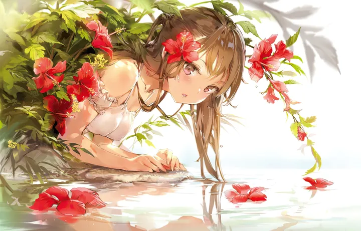 1girl,medium_breasts,breasts,bangs,solo,reflection,leaf,hair_flower,hair_ornament,parted_lips,hibiscus,sleeveless,sleeveless_dress,brown_hair,brown_eyes,plant,horizontal,water,white_dress,looking_at_viewer,red_flower,blush,wet,dress,partially_submerged,collarbone,long_hair,bare_shoulders,flower