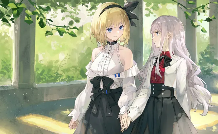 2girls,ribbon,bangs,hairband,closed_mouth,multiple_girls,hair_ribbon,jacket,very_long_hair,outdoors,sleeveless,sleeveless_shirt,collared_shirt,tree,horizontal,grey_hair,holding_hands,day,white_jacket,white_shirt,looking_at_another,eye_contact,short_hair,skirt,smile,red_shirt,center_frills,frills,frilled_shirt,blue_eyes,puffy_sleeves,puffy_long_sleeves,bow,shirt,open_jacket,open_clothes,blonde_hair,long_hair,long_sleeves,bare_shoulders,off_shoulder,high-waist_skirt,black_ribbon,black_hairband,black_skirt,black_bow