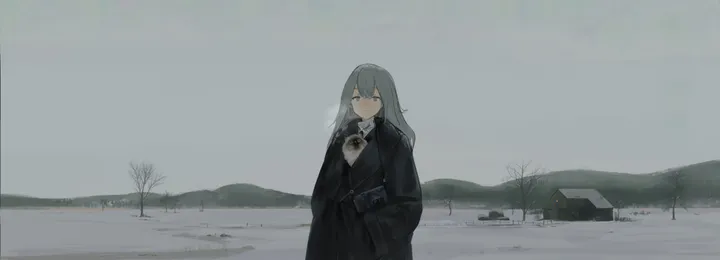 1girl,bangs,solo,closed_mouth,sky,jacket,wide_sleeves,building,outdoors,holding,collared_shirt,tree,horizontal,grey_hair,grey_eyes,looking_at_viewer,standing,shirt,long_hair,long_sleeves,snow,scenery