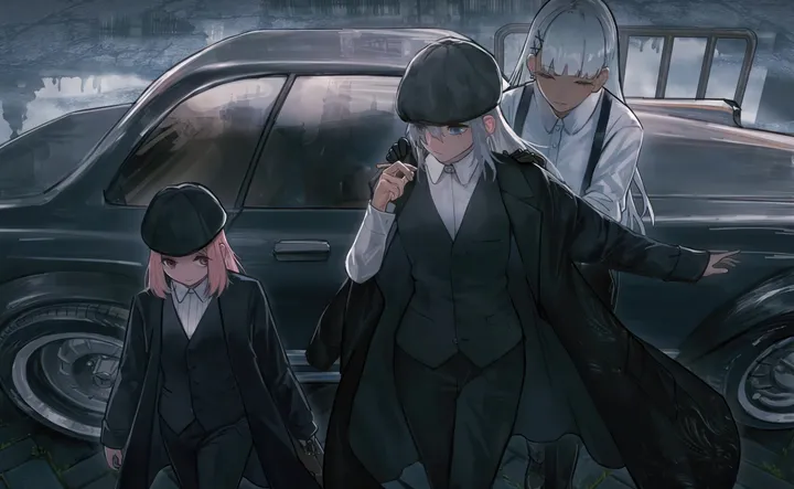 3girls,bangs,closed_eyes,ground_vehicle,coat,multiple_girls,jacket,hat,outdoors,collared_shirt,motor_vehicle,horizontal,car,dark_skin,white_hair,white_shirt,pink_hair,suspenders,vest,shirt,pants,vehicle_focus,long_hair,long_sleeves,cigarette,dark-skinned_female,black_coat,black_headwear,black_jacket,black_pants