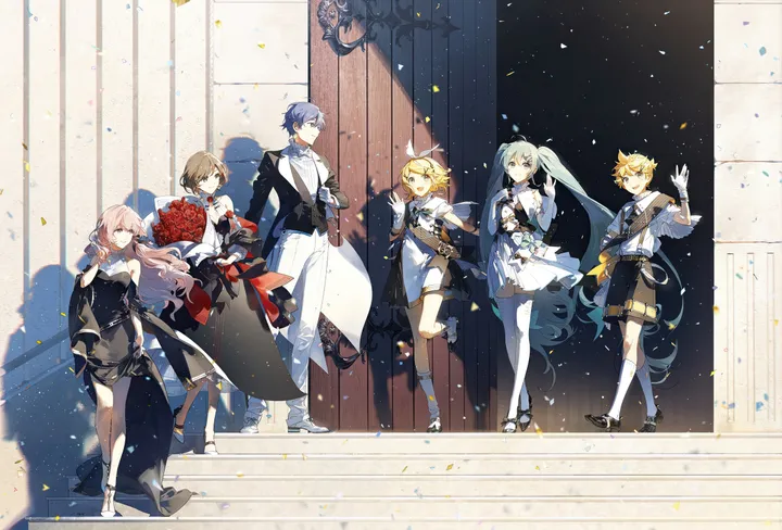 2boys,4girls,ribbon,breasts,light_particles,full_body,bangs,standing_on_one_leg,kneehighs,twintails,hairclip,stairs,closed_mouth,multiple_girls,multiple_boys,hair_ornament,jacket,confetti,open_mouth,very_long_hair,gloves,holding_bouquet,hand_up,holding,swept_bangs,sleeveless,sleeveless_dress,brown_hair,brown_eyes,horizontal,formal,aqua_hair,aqua_eyes,rose,white_gloves,white_shorts,white_bow,white_shirt,white_pants,white_dress,white_footwear,white_bowtie,looking_at_viewer,short_hair,short_sleeves,shorts,standing,smile,pink_hair,red_rose,red_flower,spotlight,vest,bouquet,blue_hair,blue_eyes,bow,hair_bow,shirt,socks,pants,suit,thighhighs,short_dress,dress,blonde_hair,long_hair,elbow_gloves,one_eye_closed,shadow,bare_shoulders,bowtie,neck_ribbon,waistcoat,high_heels,flower,black_gloves,black_bow,black_dress,black_footwear,black_vest