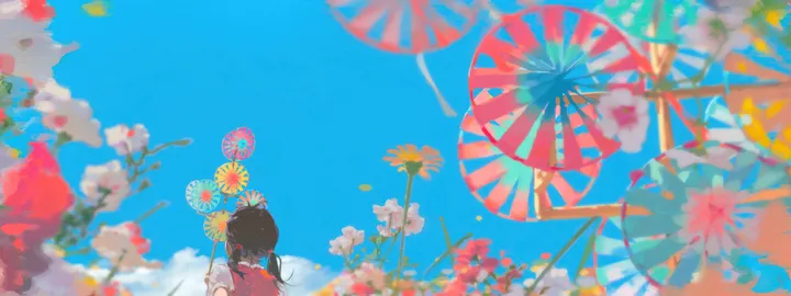 1girl,cloud,upper_body,solo,twintails,sky,outdoors,holding,holding_flower,blurry,horizontal,day,white_flower,short_sleeves,from_behind,blue_sky,shirt,long_hair,facing_away,flower,black_hair