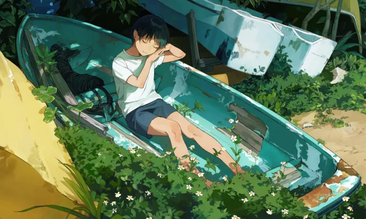 1boy,t-shirt,solo,closed_eyes,closed_mouth,sitting,outdoors,plant,horizontal,water,bathtub,cat,male_focus,white_flower,white_shirt,short_hair,short_sleeves,shorts,blue_shorts,shirt,flower,black_hair