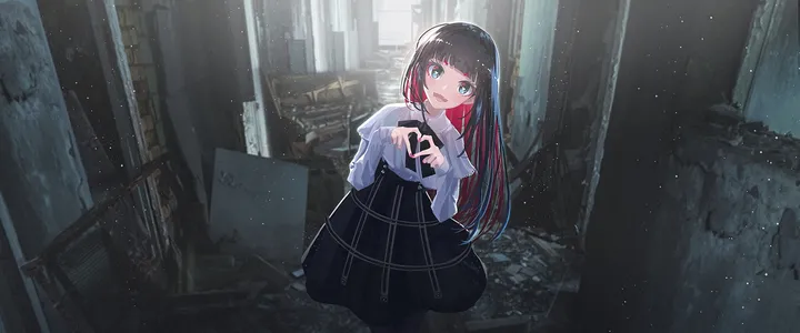 1girl,light_particles,colored_inner_hair,bangs,solo,heart_hands,two-tone_hair,multicolored_hair,multicolored_eyes,ruins,open_mouth,heart,streaked_hair,horizontal,white_shirt,blunt_bangs,looking_at_viewer,skirt,standing,smile,red_hair,blue_eyes,shirt,pantyhose,long_hair,long_sleeves,high-waist_skirt,black_hair,black_skirt