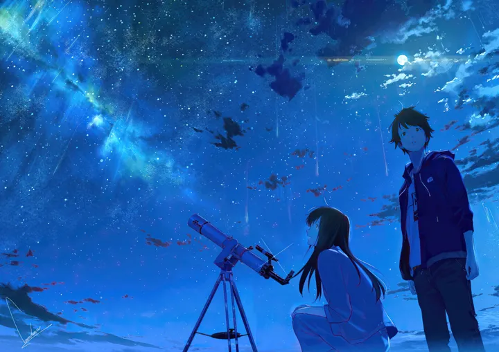 1girl,1boy,cloud,looking_up,hood,night,night_sky,sky,jacket,outdoors,star_sky,starry_sky,moon,telescope,brown_hair,horizontal,shooting_star,full_moon,camera,short_hair,signature,blue_theme,pants,long_hair,scenery,black_hair