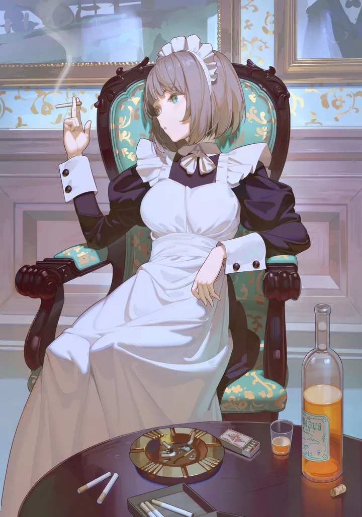 1girl,bangs,solo,smoking,apron,sitting,maid,maid_apron,maid_headdress,whiskey,indoors,holding_cigarette,holding,brown_hair,chair,smoke,bottle,white_apron,looking_to_the_side,short_hair,looking_away,vertical,blue_eyes,puffy_sleeves,bow,dress,alcohol,long_sleeves,cigar,cigarette,black_dress