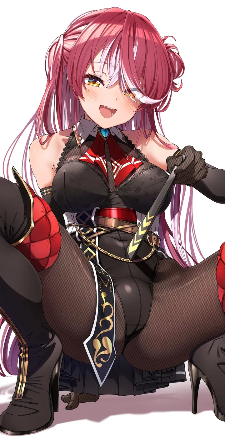 1girl,virtual_youtuber,breasts,spread_legs,bangs,solo,two-tone_hair,hair_bun,multicolored_hair,thighs,single_side_bun,hair_over_one_eye,official_alternate_costume,heterochromia,open_mouth,very_long_hair,hand_fan,gloves,streaked_hair,simple_background,brown_gloves,brown_pantyhose,fishnets,white_hair,white_background,looking_at_viewer,vertical,smile,leotard,red_hair,red_eyes,red_ascot,blush,fang,squatting,large_breasts,pantyhose,eyes_visible_through_hair,long_hair,elbow_gloves,boots,covered_navel,bare_shoulders,ascot,thigh_boots,high_heel_boots,high_heels,yellow_eyes,black_gloves,black_leotard,black_footwear