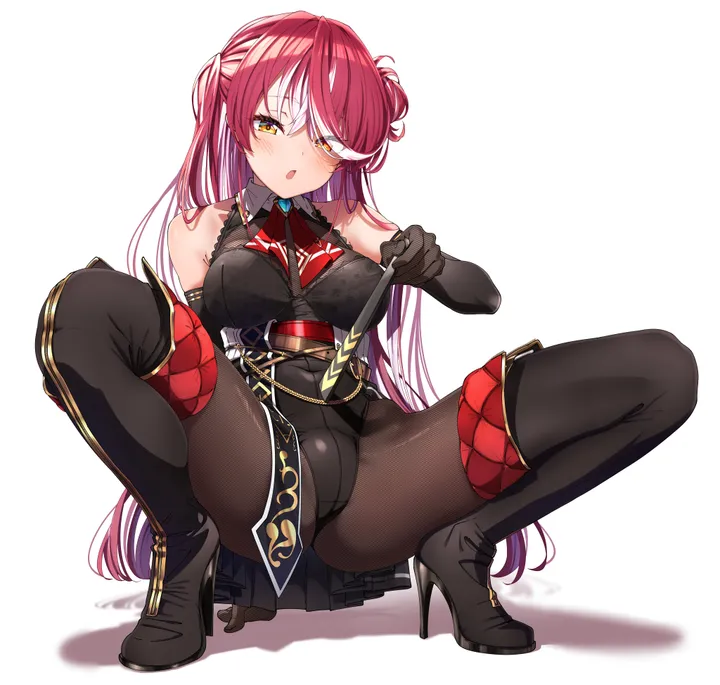 1girl,virtual_youtuber,breasts,full_body,spread_legs,bangs,solo,two-tone_hair,hair_bun,multicolored_hair,thighs,single_side_bun,official_alternate_costume,heterochromia,open_mouth,very_long_hair,hand_fan,gloves,folding_fan,holding,streaked_hair,simple_background,brown_pantyhose,fishnets,white_hair,white_background,looking_at_viewer,vertical,leotard,red_hair,red_eyes,blush,squatting,large_breasts,thighhighs,bodystocking,pantyhose,long_hair,elbow_gloves,boots,covered_navel,bare_shoulders,ascot,thigh_boots,high_heel_boots,high_heels,yellow_eyes,black_gloves,black_leotard,black_footwear