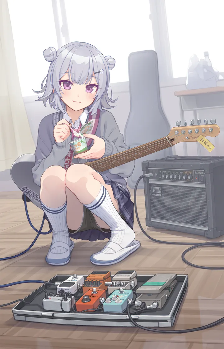 1girl,double_bun,instrument,solo,kneehighs,hairclip,guitar,closed_mouth,hair_bun,hair_ornament,indoors,uwabaki,holding,wooden_floor,school_uniform,plaid,sweater,grey_hair,grey_sweater,electric_guitar,white_shirt,white_socks,pleated_skirt,looking_at_viewer,short_hair,skirt,vertical,smile,purple_eyes,cable,blue_skirt,bow,shirt,socks,squatting,miniskirt,shoes,bowtie