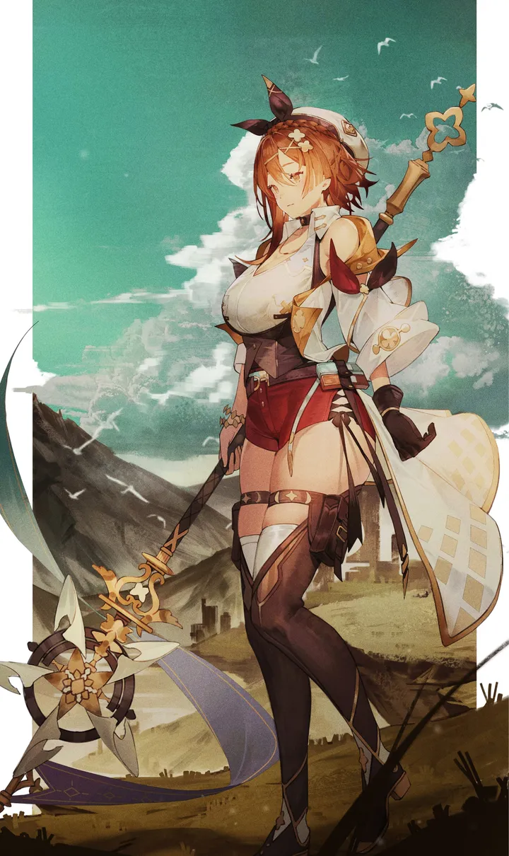 1girl,clover_hair_ornament,braid,detached_sleeves,breasts,cloud,full_body,bangs,solo,hairclip,closed_mouth,thighs,thigh_strap,sky,hair_ornament,jacket,mountainous_horizon,hat,outdoors,gloves,holding_staff,holding,sleeveless,sleeveless_jacket,collared_shirt,staff,brown_hair,brown_gloves,brown_eyes,brown_belt,jewelry,white_headwear,white_shirt,belt,leather_gloves,short_hair,shorts,vertical,standing,short_shorts,red_shorts,thick_thighs,key_necklace,thigh_pouch,grass,blue_sky,shirt,beret,pouch,large_breasts,thighhighs,boots,necklace,thigh_boots,bird,black_gloves