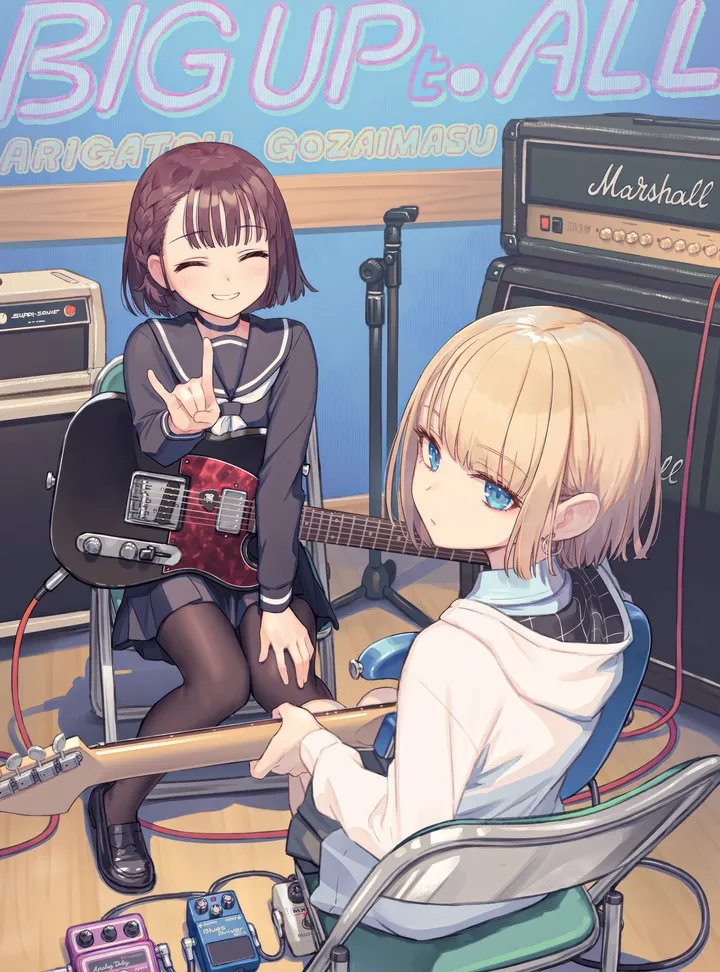 2girls,braid,neckerchief,instrument,loafers,hood,bangs,closed_eyes,guitar,closed_mouth,looking_back,sitting,multiple_girls,holding_instrument,holding,school_uniform,brown_hair,chair,v,serafuku,sailor_collar,hood_down,jewelry,electric_guitar,white_neckerchief,pleated_skirt,blunt_bangs,looking_at_viewer,short_hair,skirt,vertical,smile,cable,earrings,blue_eyes,shirt,bass_guitar,hoodie,pantyhose,blonde_hair,long_sleeves,shoes,amplifier,speaker,choker,microphone,microphone_stand,black_skirt,black_shirt,black_footwear,black_choker