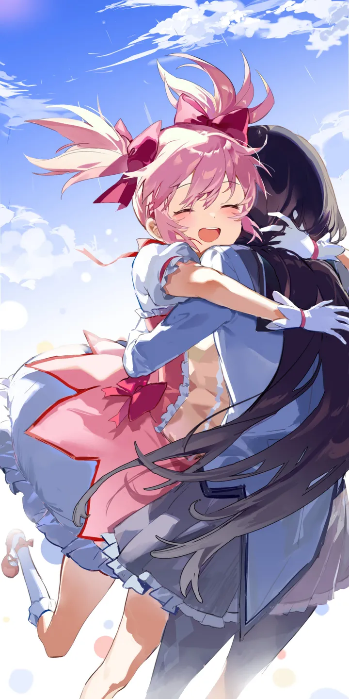 2girls,ribbon,cloud,upper_teeth_only,closed_eyes,twintails,multiple_girls,cloudy_sky,sky,sun,happy,open_mouth,outdoors,gloves,hug,teeth,day,white_gloves,white_socks,short_twintails,short_sleeves,skirt,vertical,smile,pink_hair,red_footwear,blush,frills,frilled_skirt,argyle,blue_sky,puffy_short_sleeves,puffy_sleeves,bubble_skirt,bow,socks,pantyhose,long_hair,magical_girl,black_hair,black_pantyhose