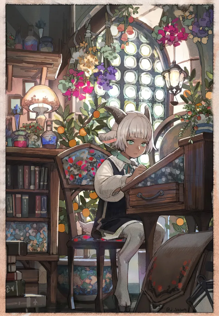 1girl,ribbon,book,bookshelf,animal_ears,stool,bangs,solo,sitting,shelf,indoors,goat_girl,goat_ears,goat_horns,table,chair,dark_skin,lamp,white_hair,white_shirt,blunt_bangs,looking_at_viewer,short_hair,window,vertical,sheep_ears,horizontal_pupils,shirt,horns,hooves,border,dress,long_sleeves,flower,dark-skinned_female