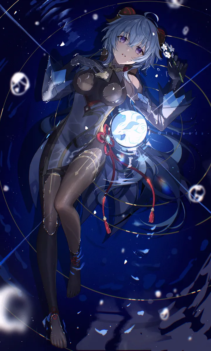 1girl,detached_sleeves,chinese_knot,medium_breasts,breasts,on_back,full_body,bangs,solo,ahoge,thighlet,sidelocks,goat_horns,parted_lips,gloves,holding,holding_flower,water,tassel,orb,white_flower,white_sleeves,looking_at_viewer,vertical,purple_eyes,flower_knot,blush,blue_hair,wet_clothes,wet,horns,lying,bodystocking,partially_submerged,gold_trim,bell,neck_bell,long_hair,bare_shoulders,flower,black_gloves