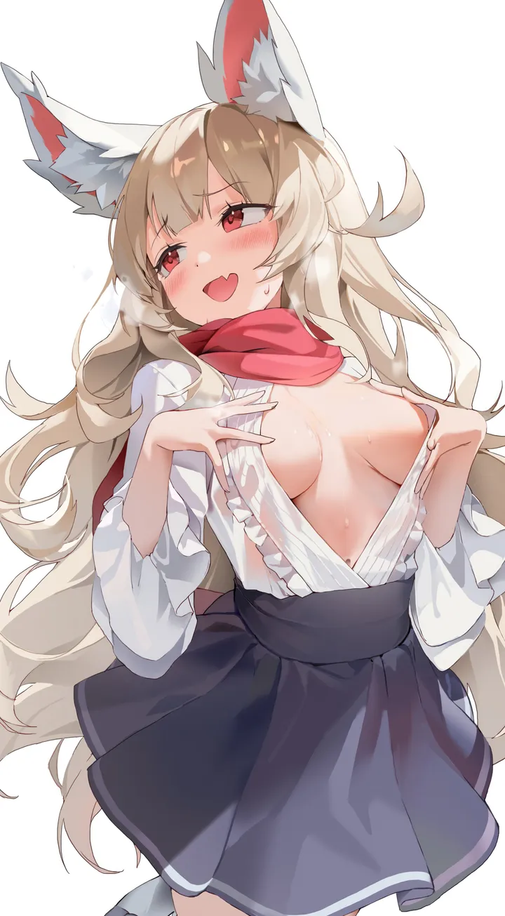 1girl,medium_breasts,breasts,animal_ears,bangs,solo,scarf,tail,open_mouth,very_long_hair,simple_background,sweat,no_bra,fox_girl,fox_tail,fox_ears,white_background,white_shirt,skirt,looking_away,vertical,smile,red_scarf,red_eyes,animal_ear_fluff,blush,frills,fang,skin_fang,shirt,open_clothes,open_shirt,blonde_hair,long_hair,long_sleeves,high-waist_skirt,black_skirt