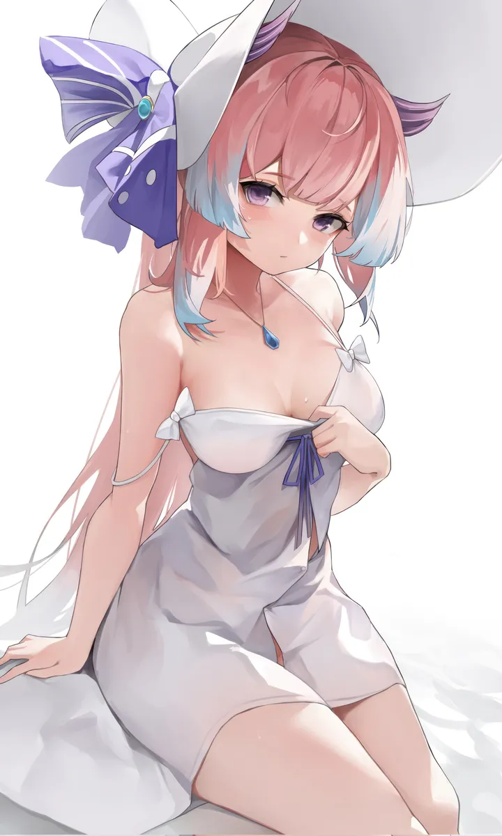 1girl,clothes_pull,dress_pull,ribbon,medium_breasts,breasts,cleavage,bangs,solo,pendant,closed_mouth,sitting,multicolored_hair,thighs,sun_hat,hat_bow,hat,very_long_hair,arm_support,sleeveless,sleeveless_dress,simple_background,jewelry,white_headwear,white_background,white_dress,blunt_bangs,looking_at_viewer,alternate_costume,vertical,pink_hair,purple_eyes,spaghetti_strap,blush,blue_hair,bow,strap_slip,bare_arms,dress,collarbone,long_hair,bare_shoulders,necklace