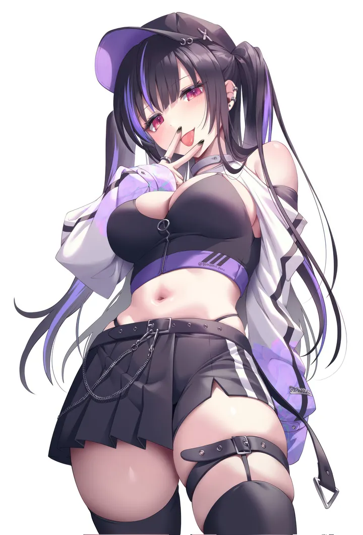 1girl,cowboy_shot,detached_sleeves,breasts,cleavage,solo,two-tone_hair,twintails,garter_straps,tongue_out,panty_straps,multicolored_hair,thighs,thigh_strap,sidelocks,stomach,hat,open_mouth,very_long_hair,hand_up,nail_polish,streaked_hair,sleeveless,sleeveless_shirt,simple_background,baseball_cap,v,jewelry,white_background,pleated_skirt,belt,looking_at_viewer,skirt,shorts,piercing,ear_piercing,vertical,smile,purple_hair,red_eyes,zettai_ryouiki,earrings,navel,tongue,shirt,skindentation,clothing_cutout,large_breasts,thighhighs,miniskirt,chain,long_hair,long_sleeves,midriff,bare_shoulders,crop_top,choker,highleg_panties,highleg,black_hair,black_headwear,black_nails,black_skirt,black_shirt,black_thighhighs