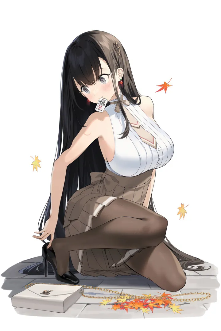 1girl,breasts,cleavage,full_body,bangs,solo,one_knee,leaf,hair_ornament,very_long_hair,sleeveless,sleeveless_shirt,simple_background,maple_leaf,brown_skirt,brown_pantyhose,grey_eyes,jewelry,mouth_hold,white_background,white_shirt,pleated_skirt,skirt,autumn_leaves,vertical,earrings,blush,bow,shirt,clothing_cutout,bare_arms,kneeling,large_breasts,pantyhose,long_hair,cleavage_cutout,bare_shoulders,high-waist_skirt,high_heels,black_hair,black_pantyhose,black_footwear