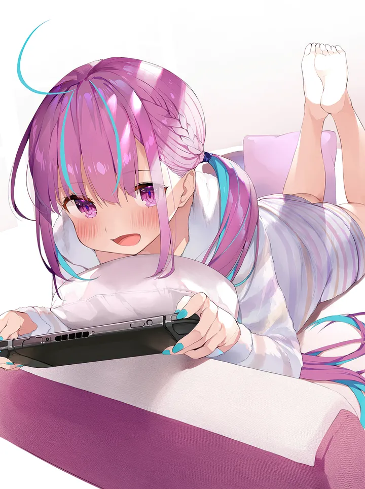 1girl,virtual_youtuber,braid,nintendo_switch,loungewear,hood,colored_inner_hair,bangs,solo,two-tone_hair,twintails,ahoge,multicolored_hair,open_mouth,holding,nail_polish,streaked_hair,striped,striped_hoodie,pillow,couch,white_background,looking_at_viewer,vertical,smile,purple_hair,purple_eyes,feet_up,feet,soles,blush,blue_hair,blue_nails,barefoot,the_pose,on_stomach,lying,long_hair,long_sleeves