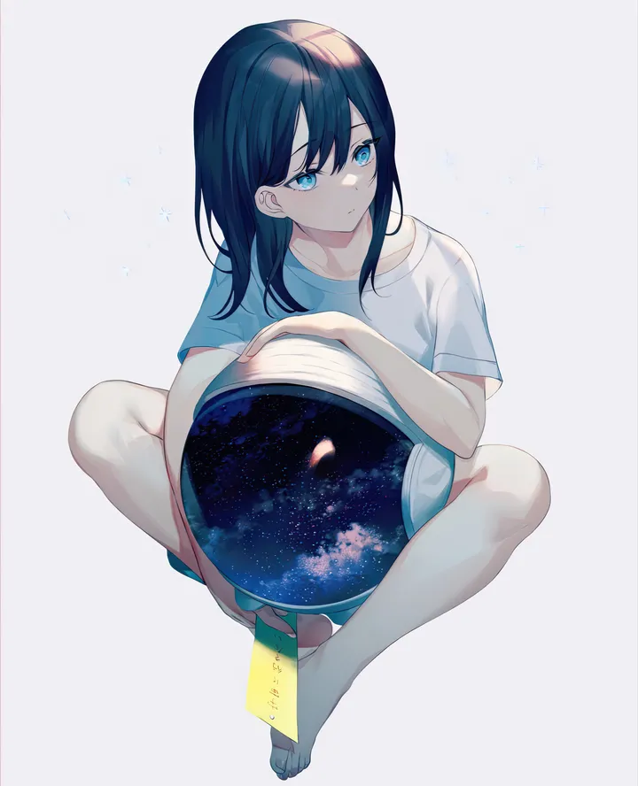 1girl,t-shirt,bangs,solo,closed_mouth,sitting,space_helmet,helmet,space,hair_between_eyes,holding,star_sky,starry_sky,simple_background,white_background,white_shirt,short_sleeves,vertical,blue_eyes,shirt,barefoot,collarbone,long_hair,black_hair