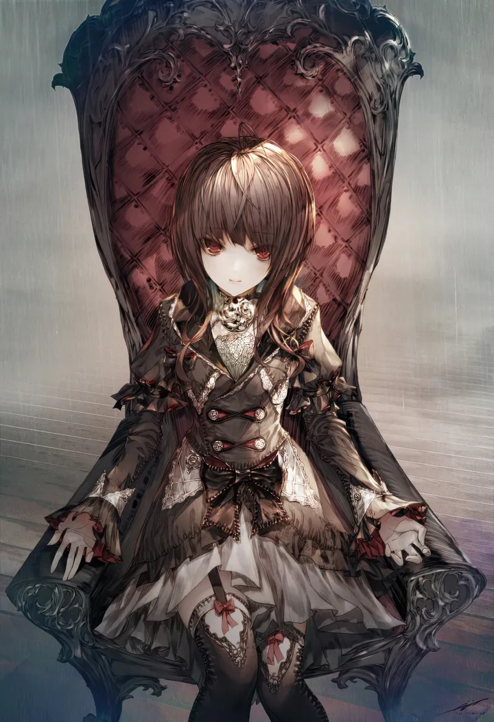 1girl,bangs,solo,garter_straps,gothic_lolita,sitting,armchair,brown_hair,chair,lolita_fashion,looking_at_viewer,vertical,signature,red_eyes,frills,bow,thighhighs,dress,long_hair,long_sleeves,rain,black_thighhighs