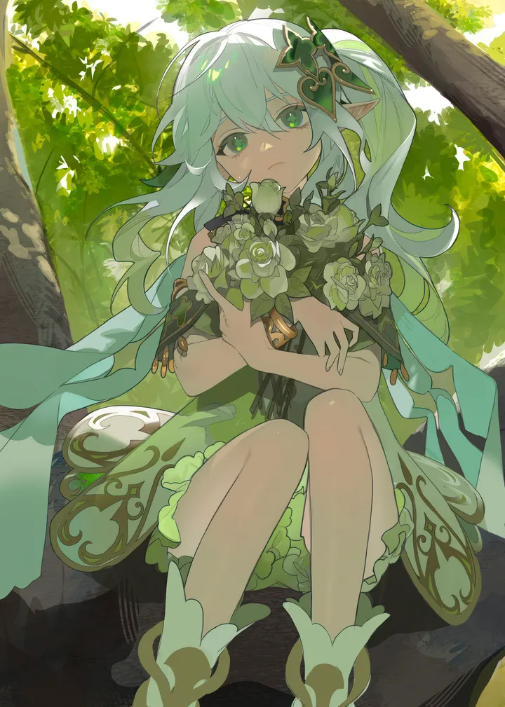 1girl,side_ponytail,underwear,bangs,cross-shaped_pupils,solo,closed_mouth,in_tree,sitting,multicolored_hair,hair_ornament,pointy_ears,hair_between_eyes,outdoors,holding,tree,bloomers,white_hair,white_dress,looking_at_viewer,vertical,green_hair,green_eyes,bouquet,dress,long_hair,flower