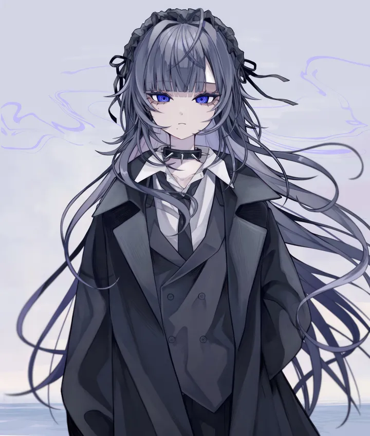 1girl,bangs,solo,hairband,closed_mouth,coat,spikes,hand_in_pocket,collared_shirt,formal,grey_hair,white_shirt,blunt_bangs,looking_at_viewer,vertical,vest,blue_eyes,shirt,suit,long_hair,collar,necktie,black_necktie,black_vest