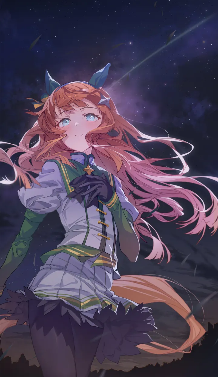 1girl,animal_ears,bangs,ear_covers,solo,hairband,closed_mouth,night,night_sky,sky,hair_ornament,tail,outdoors,gloves,hand_on_own_chest,star_sky,starry_sky,orange_hair,shooting_star,white_skirt,pleated_skirt,looking_at_viewer,skirt,vertical,blush,blue_eyes,puffy_sleeves,pantyhose,long_hair,long_sleeves,wind,floating_hair,horse_girl,horse_tail,horse_ears,black_gloves,black_pantyhose