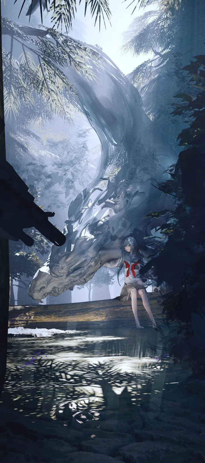 1girl,neckerchief,solo,closed_eyes,sitting,nature,outdoors,tree,school_uniform,water,serafuku,sailor_collar,soaking_feet,white_shirt,skirt,vertical,red_neckerchief,shirt,bare_legs,barefoot,long_hair,scenery,black_hair,dragon