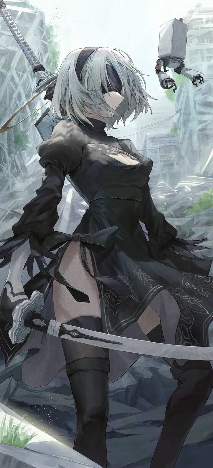 1girl,medium_breasts,breasts,cleavage,side_slit,sword,solo,hairband,ruins,building,outdoors,gloves,holding_sword,holding_weapon,holding,katana,juliet_sleeves,robot,weapon,mole,white_hair,short_hair,vertical,standing,mole_under_mouth,feather-trimmed_sleeves,covered_eyes,blindfold,puffy_sleeves,clothing_cutout,thighhighs,dress,long_sleeves,boots,cleavage_cutout,thigh_boots,black_hairband,black_gloves,black_blindfold,black_thighhighs,black_dress,black_footwear