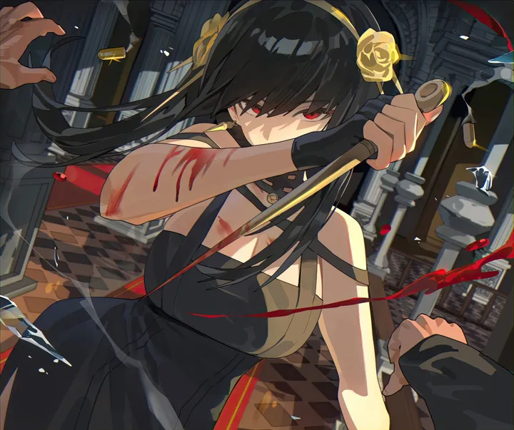 1girl,breasts,cleavage,bangs,dagger,solo_focus,hairband,hair_flower,hair_ornament,sidelocks,knife,gloves,holding_dagger,holding_weapon,blood_on_arm,holding_knife,holding,fingerless_gloves,sleeveless_dress,weapon,blood_on_weapon,rose,jewelry,looking_at_viewer,vertical,pov,red_eyes,earrings,blood_on_face,blood,pov_hands,large_breasts,dress,gold_hairband,gold_earrings,long_hair,bare_shoulders,flower,black_hair,black_gloves,black_dress