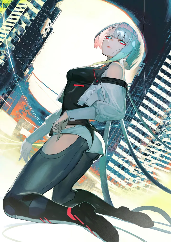 1girl,medium_breasts,breasts,bangs,solo,city,cityscape,multicolored_hair,multicolored_eyes,jacket,makeup,ass,building,white_jacket,looking_at_viewer,short_hair,vertical,leotard,red_eyeliner,open_jacket,open_clothes,cyberpunk,kneeling,bodysuit,bare_shoulders,off_shoulder