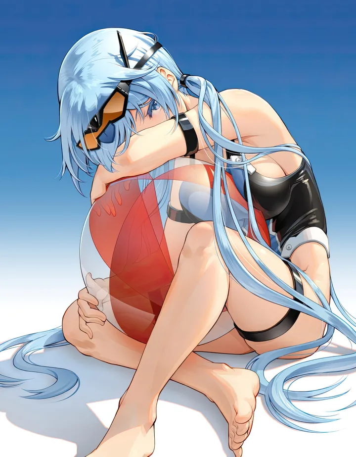 1girl,one-piece_swimsuit,medium_breasts,breasts,sideboob,full_body,bangs,solo,twintails,sitting,sunglasses,thigh_strap,official_alternate_costume,very_long_hair,arm_strap,beachball,swimsuit,ball,looking_at_viewer,eyewear_on_head,vertical,feet,blue_hair,blue_eyes,blue_background,barefoot,long_hair,bare_shoulders,black_one-piece_swimsuit