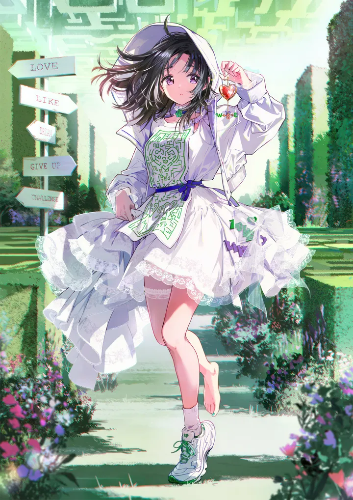 1girl,hood,full_body,solo,single_sock,jacket,outdoors,holding,white_jacket,white_dress,white_footwear,looking_at_viewer,vertical,standing,purple_eyes,socks,barefoot,open_jacket,open_clothes,sneakers,dress,long_hair,long_sleeves,shoes,flower,black_hair