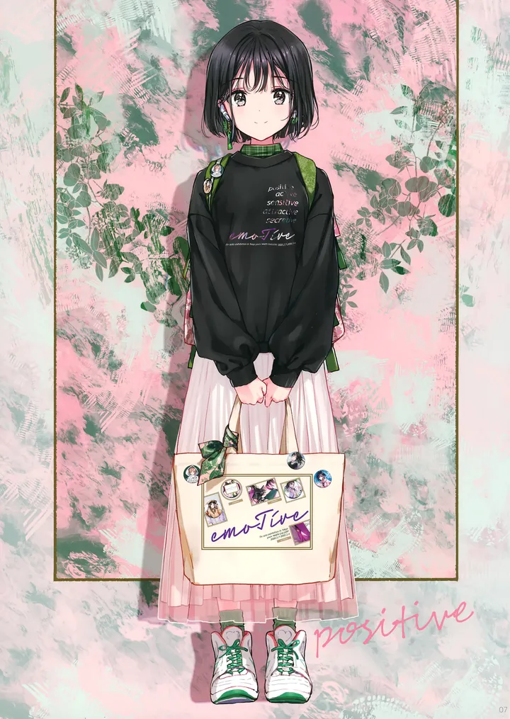 1girl,full_body,bangs,bag,solo,backpack,closed_mouth,holding,holding_bag,bob_cut,jewelry,white_footwear,looking_at_viewer,short_hair,skirt,vertical,standing,earrings,english_text,shirt,socks,sneakers,long_sleeves,shoes,black_hair,black_eyes,black_shirt