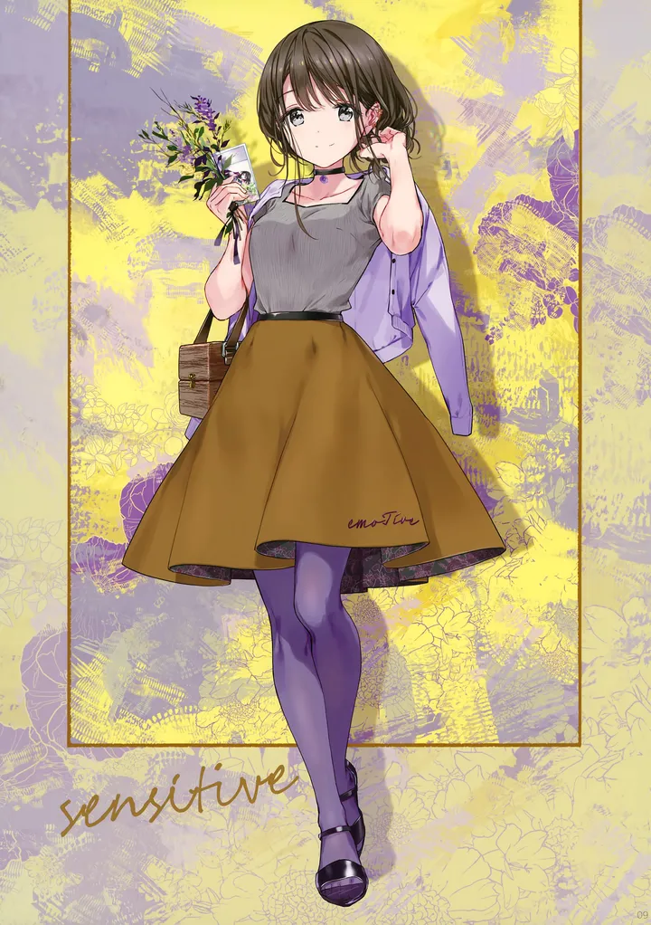 1girl,full_body,bangs,solo,closed_mouth,jacket,holding,brown_hair,brown_skirt,grey_shirt,jacket_on_shoulders,looking_at_viewer,short_sleeves,skirt,vertical,standing,smile,shirt,pantyhose,shoes,choker,flower,black_hair,black_footwear