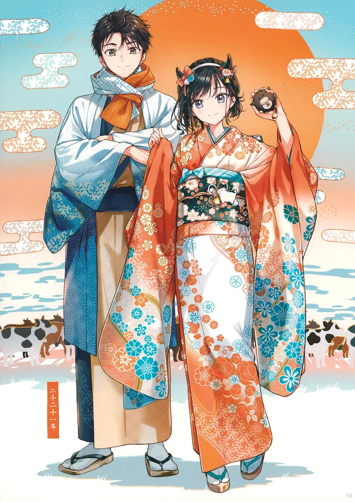 1girl,1boy,crossed_arms,full_body,sandals,chinese_zodiac,print_kimono,hairband,kimono,obi,closed_mouth,scarf,hair_ornament,wide_sleeves,holding,japanese_clothes,sash,tabi,grey_eyes,looking_at_viewer,short_hair,vertical,standing,smile,floral_print,horns,long_sleeves,black_hair,black_eyes