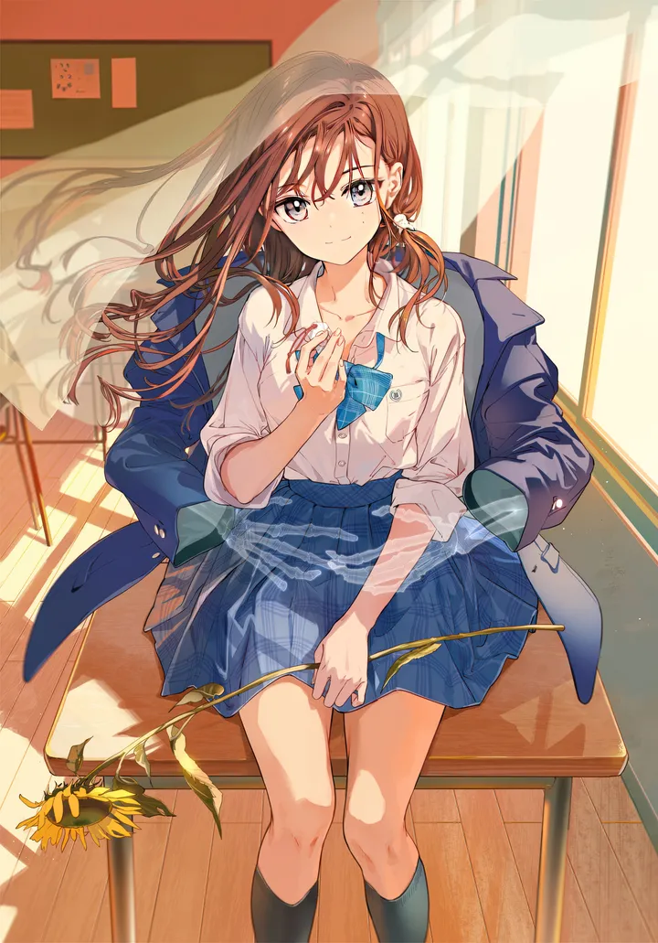 1girl,braid,desk,bangs,solo,kneehighs,sunflower,closed_mouth,sitting,jacket,indoors,holding,holding_flower,classroom,collared_shirt,school_uniform,plaid,plaid_skirt,brown_hair,mole_under_eye,grey_eyes,mole,white_shirt,pleated_skirt,looking_at_viewer,skirt,window,curtains,vertical,smile,blue_jacket,blue_skirt,blue_bow,blue_bowtie,bow,shirt,shirt_tucked_in,socks,blazer,school_desk,collarbone,long_hair,sunlight,bowtie,flower,black_socks