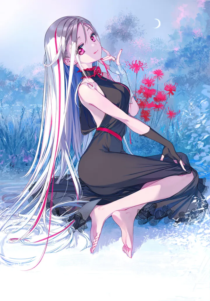 1girl,medium_breasts,breasts,yokozuwari,full_body,bangs,solo,tongue_out,closed_mouth,sitting,multicolored_hair,spider_lily,very_long_hair,gloves,nail_polish,streaked_hair,crescent_moon,fingerless_gloves,sleeveless,sleeveless_dress,moon,white_hair,looking_at_viewer,vertical,smile,pink_eyes,red_hair,red_eyes,red_flower,feet,soles,toes,tongue,barefoot,dress,long_hair,bare_shoulders,flower,black_gloves,black_dress