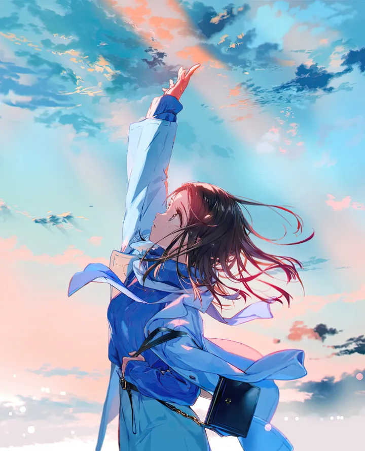 1girl,arm_up,cloud,looking_up,from_side,profile,bag,solo,scarf,sky,jacket,parted_lips,outdoors,handbag,brown_hair,brown_eyes,ribbed_sweater,sweater,jewelry,jacket_on_shoulders,mole,skirt,vertical,blue_sweater,long_hair,long_sleeves,necklace