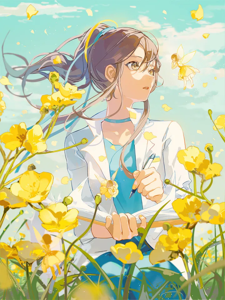 2girls,ribbon,cloud,multiple_girls,sky,hair_ribbon,fairy,parted_lips,outdoors,holding,holding_pen,brown_hair,brown_eyes,day,vertical,pen,wings,petals,shirt,dress,minigirl,long_hair,long_sleeves,choker,ponytail,flower,yellow_flower