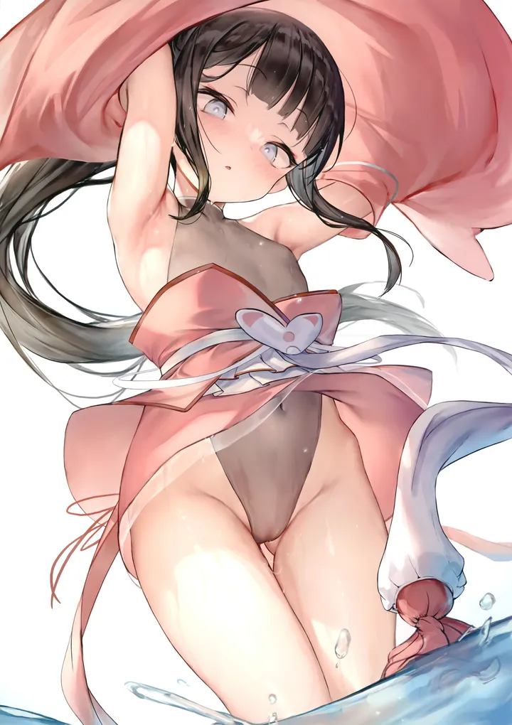 1girl,detached_sleeves,arms_up,breasts,from_below,bangs,solo,obi,thighs,thigh_gap,wide_sleeves,parted_lips,japanese_clothes,sash,simple_background,ass_visible_through_thighs,water,wading,grey_eyes,white_background,looking_at_viewer,vertical,leotard,groin,blush,armpits,blue_eyes,cameltoe,small_breasts,long_hair,covered_nipples,covered_navel,bare_shoulders,ponytail,highleg,highleg_leotard,black_hair